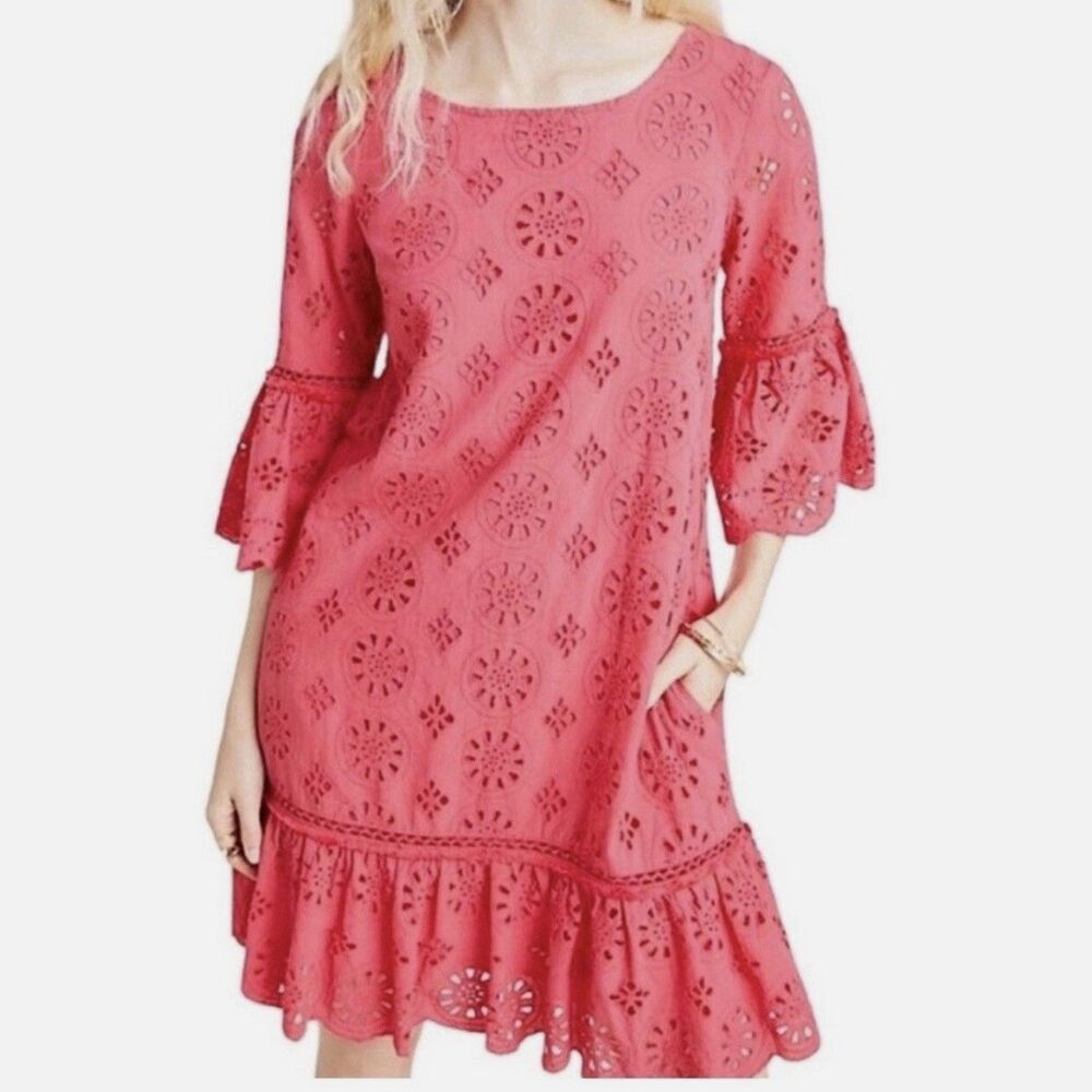 Anthropologie Dani Eyelet Lace Tunic Dress Womens Sz 0 Pink Lined Cotton Pockets